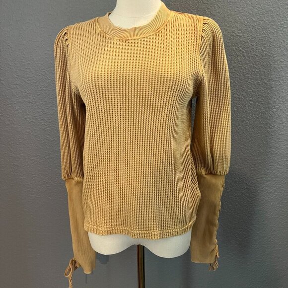 FP ONE FREE PEOPLE TASHA Thermal Shirt with Lace-Up Puffy Long Sleeves CARAMEL S - Picture 1 of 16